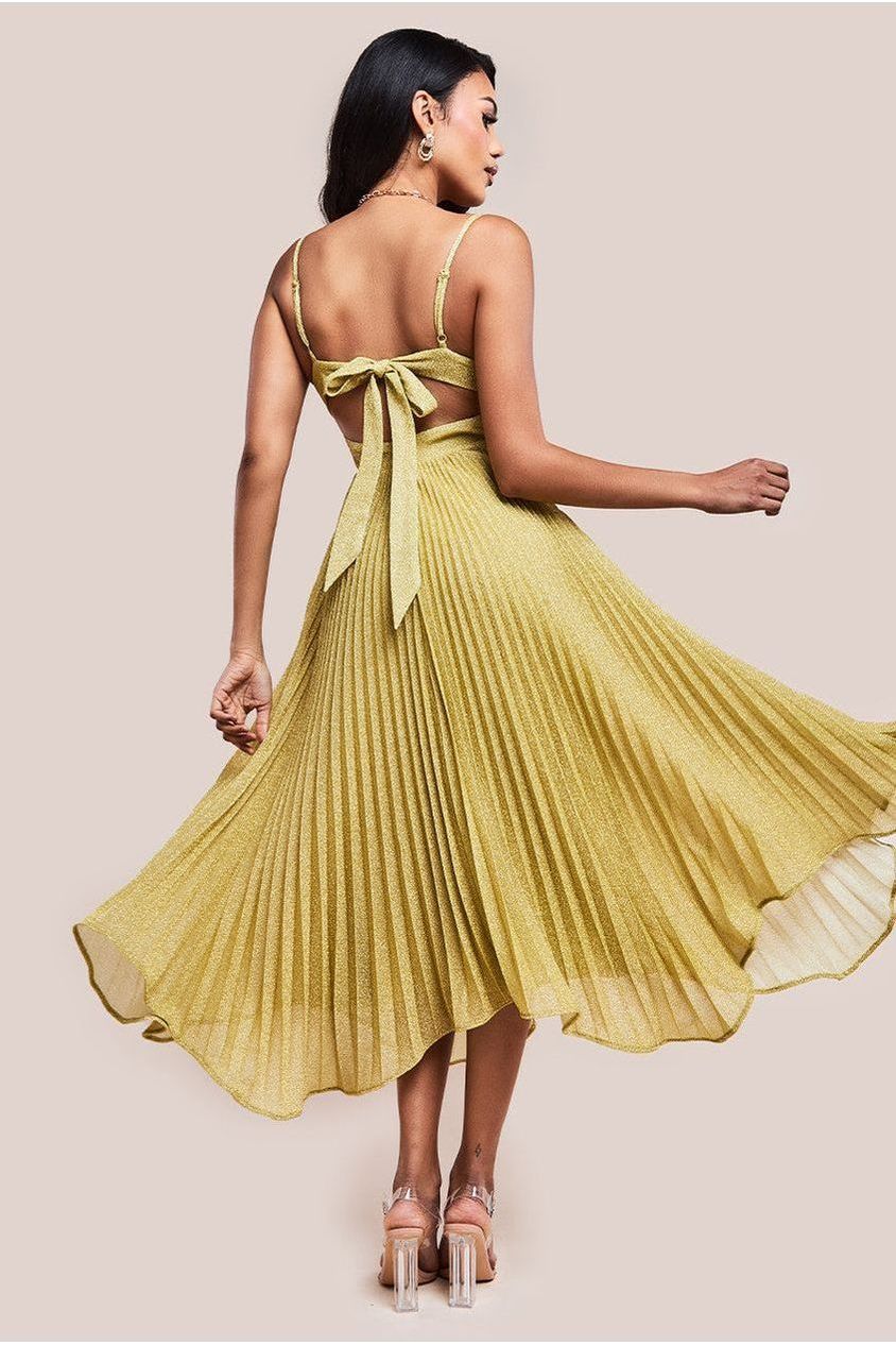 Tie Back Pleated Lurex Skater Midi Dress - Gold by Goddiva