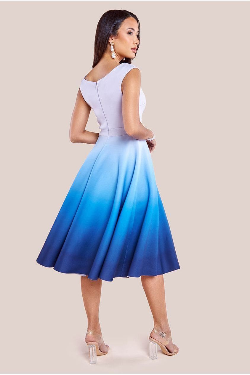 Ombre Scuba Foam Bardot A-Line Midi Dress - Light Blue by Goddiva