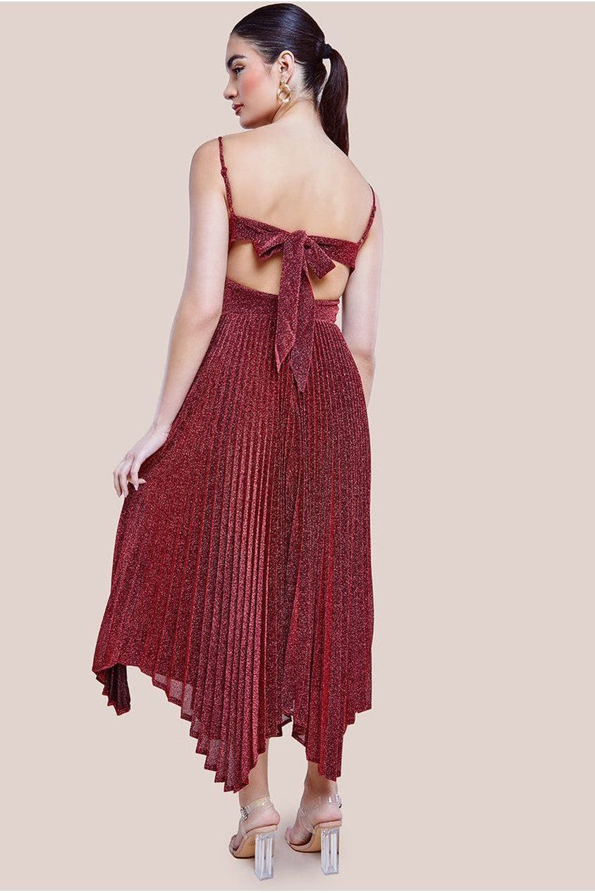 Tie Back Pleated Lurex Skater Midi Dress - Burgundy by Goddiva