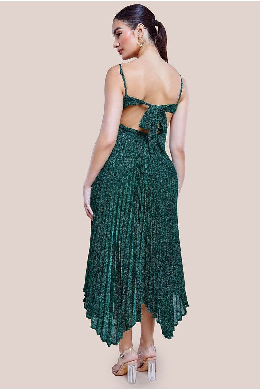Tie Back Pleated Lurex Skater Midi Dress - Emerald by Goddiva