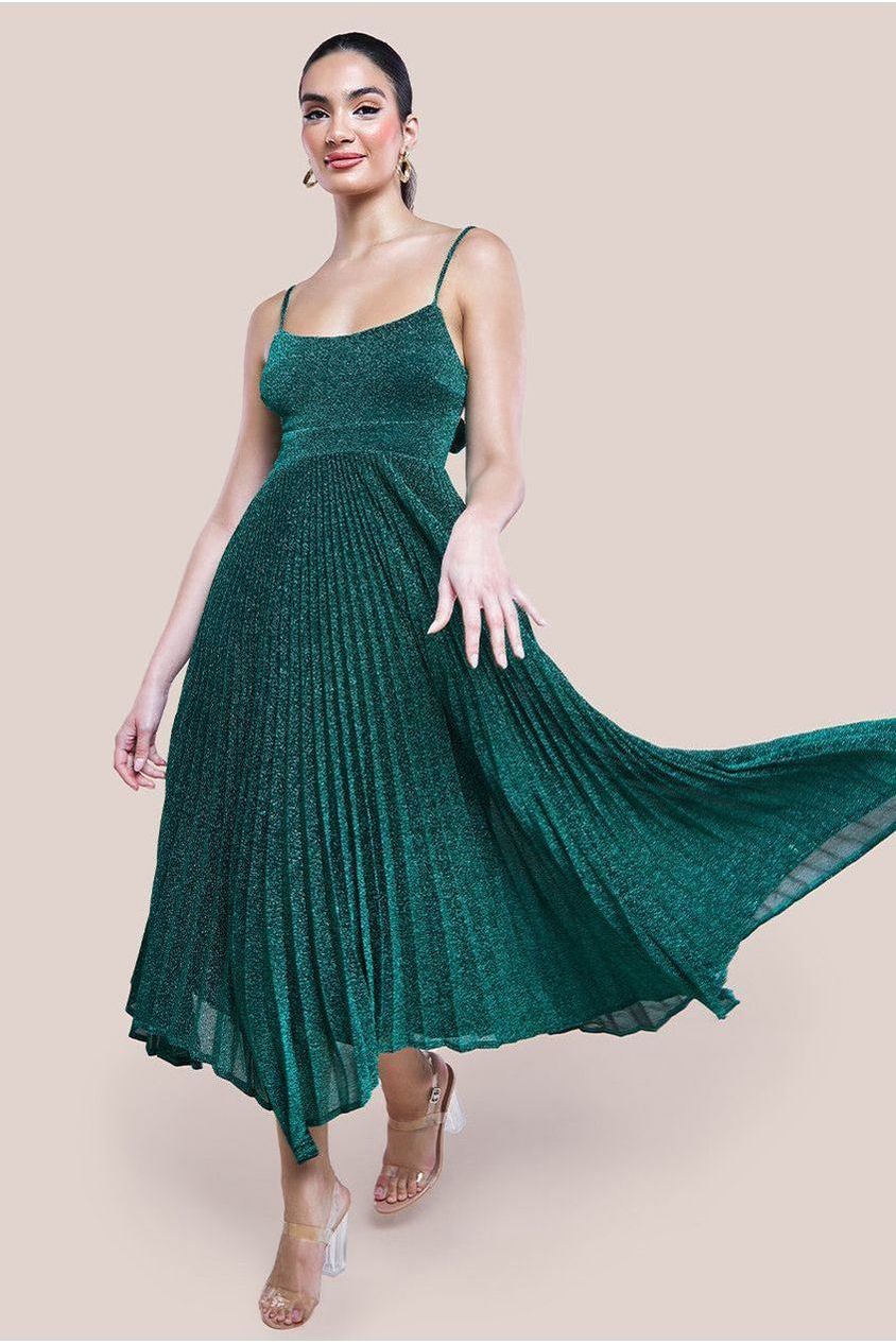 Tie Back Pleated Lurex Skater Midi Dress - Emerald by Goddiva