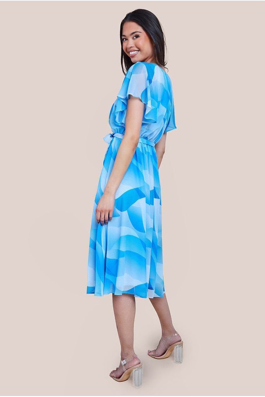Printed Flutter Sleeve Chiffon Midi Dress - Light Blue by Goddiva
