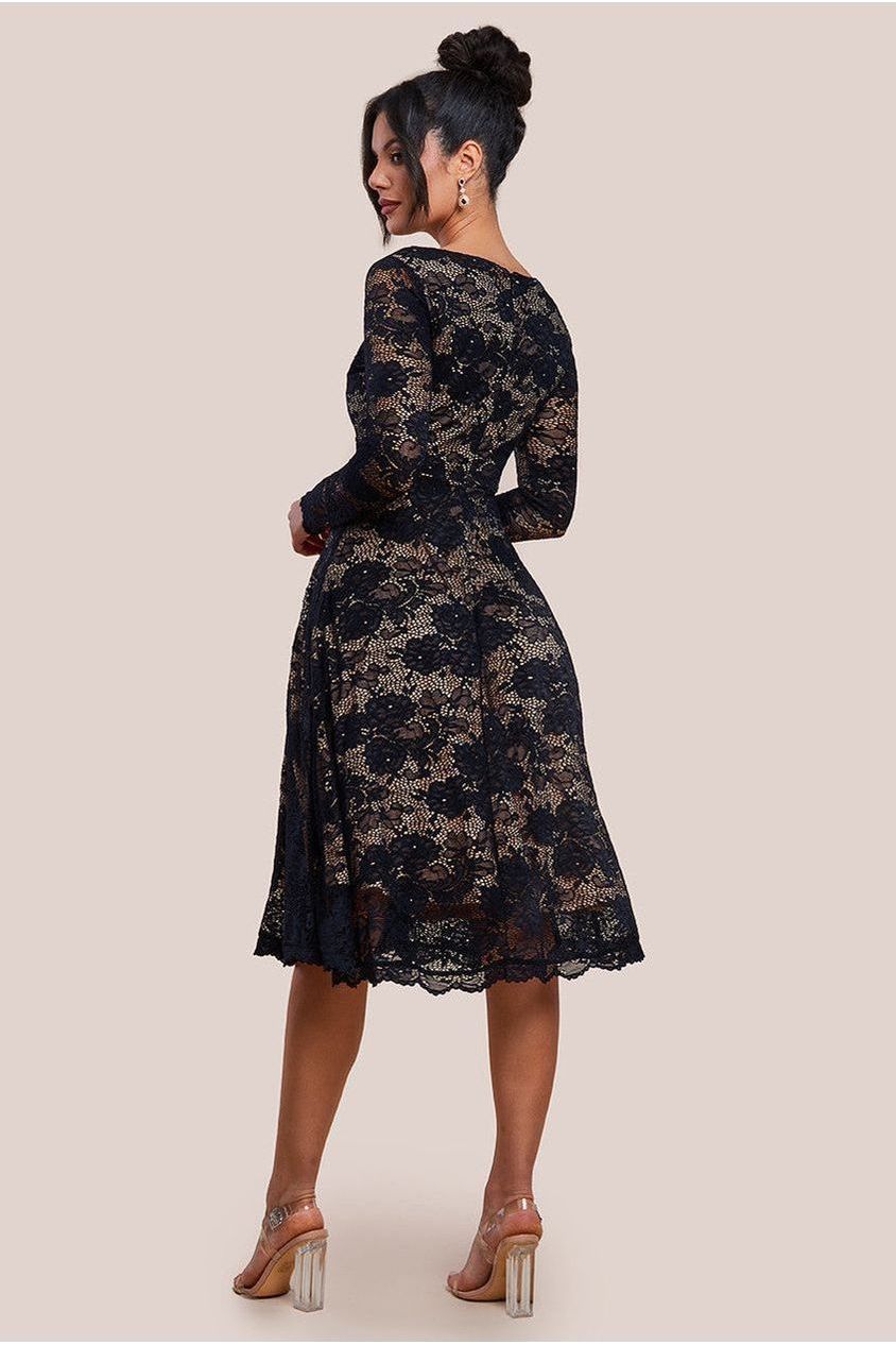 Scalloped Lace A-line Midi Dress - Black by Goddiva