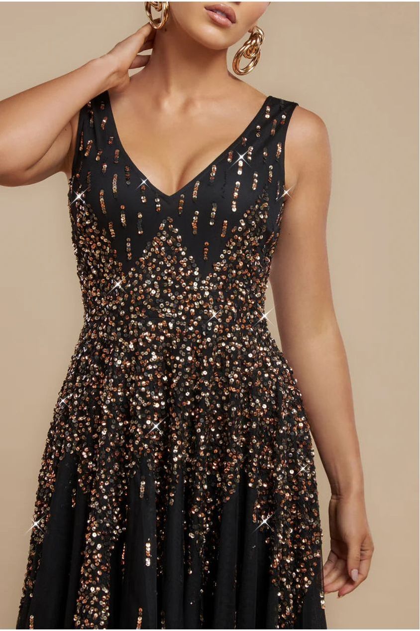 Sunray Hand Embellished Sequin A-Line Sleeveless Maxi Dress - Black by Goddiva