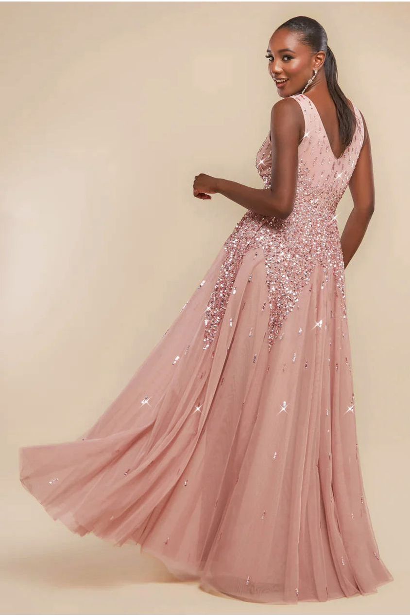Sunray Hand Embellished Sequin A-Line Sleeveless Maxi Dress - Blush Pink by Goddiva