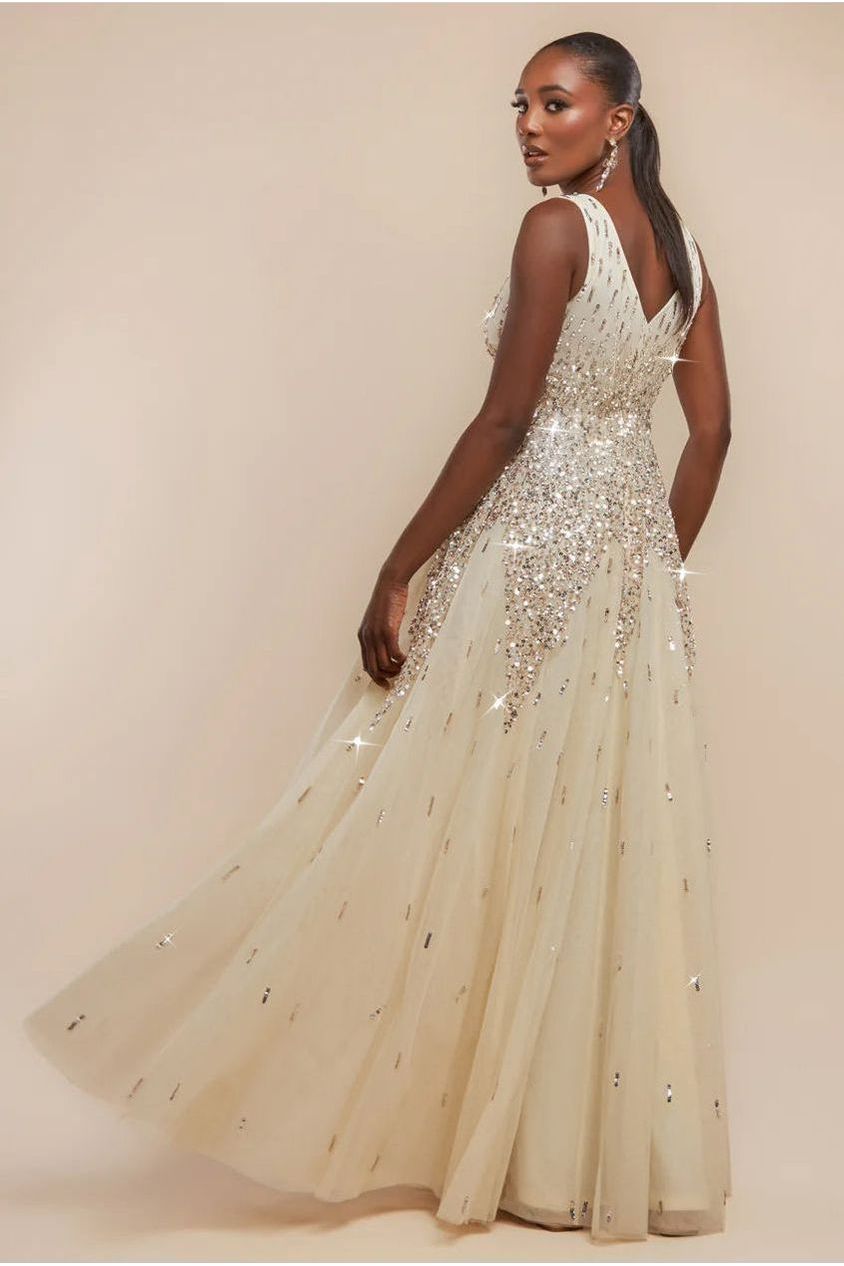Sunray Hand Embellished Sequin A-Line Sleeveless Maxi Dress - Ivory by Goddiva