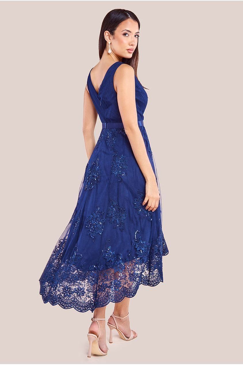 Pleated Satin Bodice High And Low Dress - Navy by Goddiva