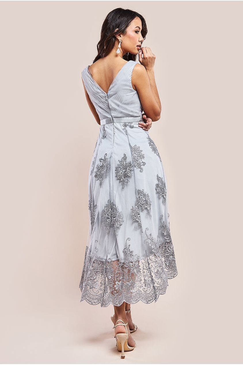 Pleated Satin Bodice High And Low Dress - Grey by Goddiva