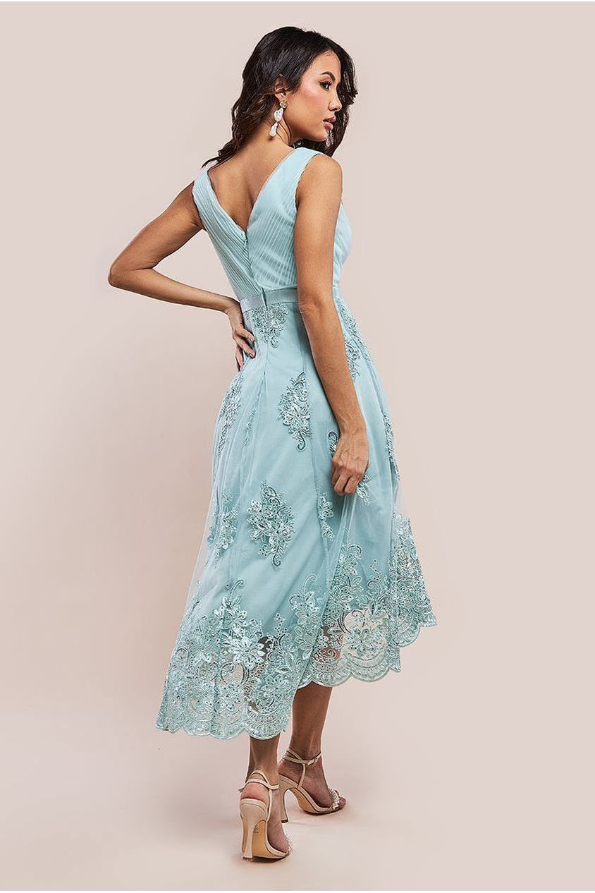 Pleated Satin Bodice High And Low Dress - Sage Green by Goddiva