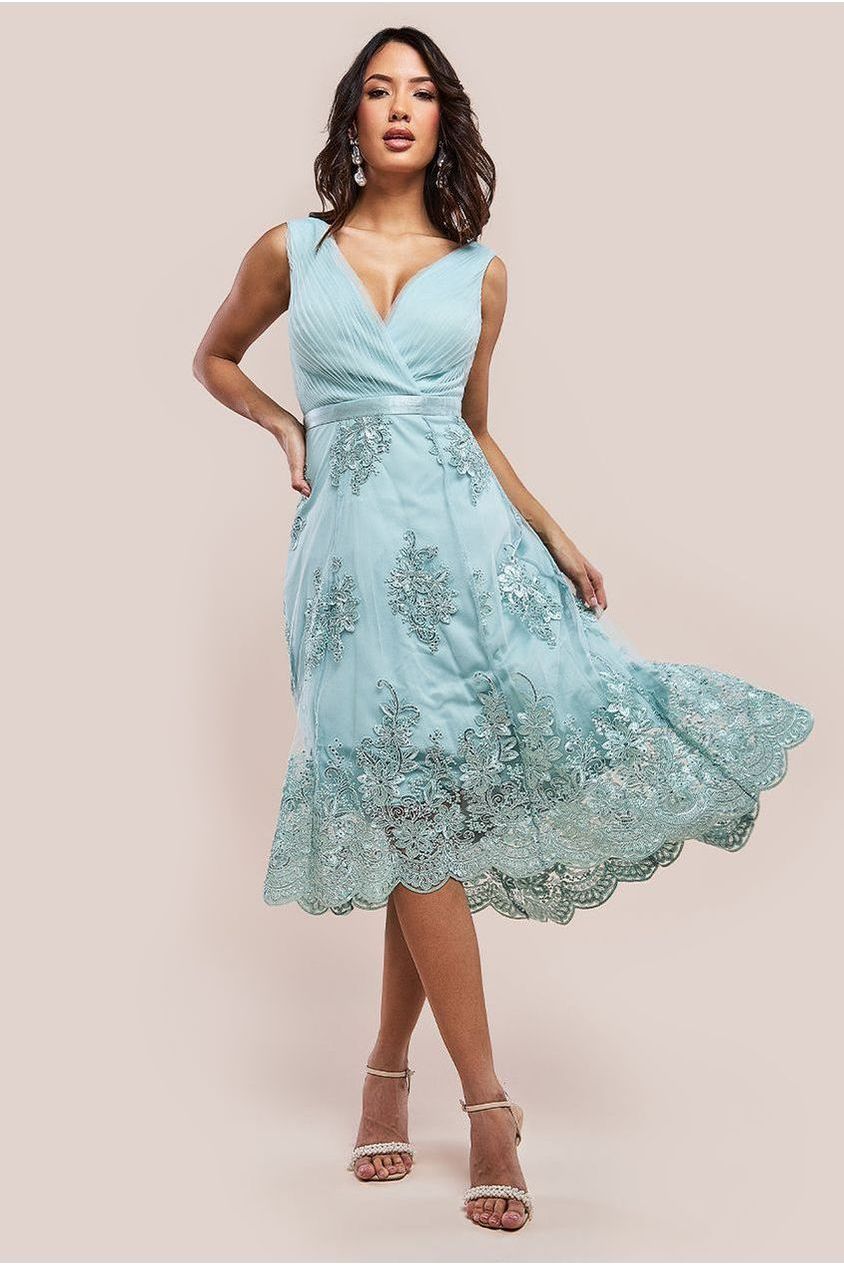Pleated Satin Bodice High And Low Dress - Sage Green by Goddiva