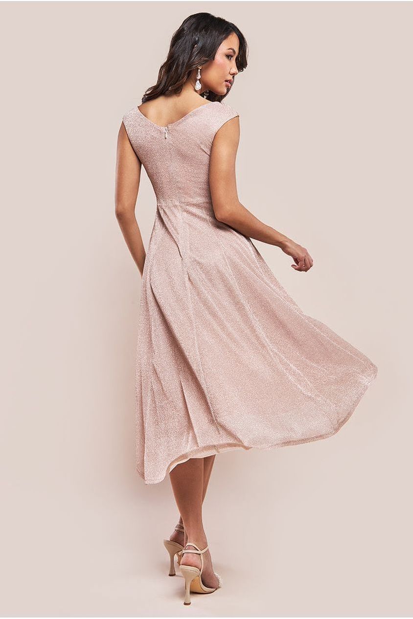 Off The Shoulder Lurex High Low Dress - Nude by Goddiva
