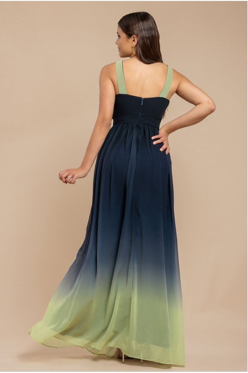 Ombre Cross Front Pleated Maxi Dress - Lime Ombre by Goddiva