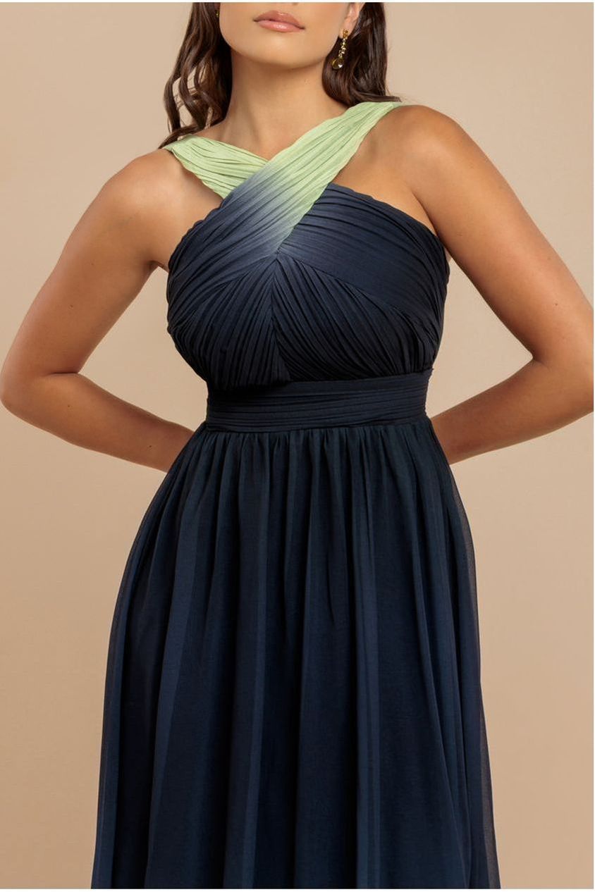 Ombre Cross Front Pleated Maxi Dress - Lime Ombre by Goddiva