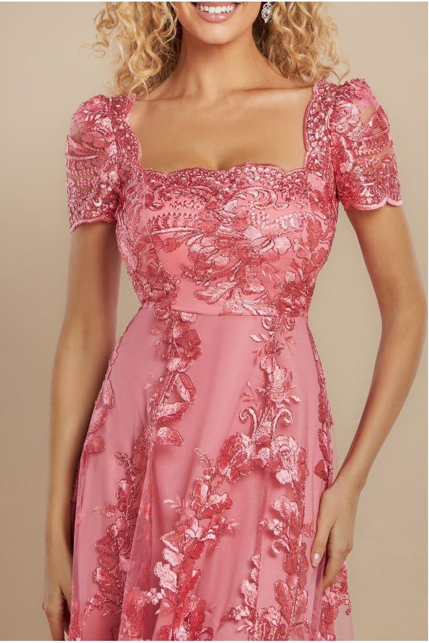 Scalloped Neck Embroidered Lace High Low Midi Dress - Coral by Goddiva