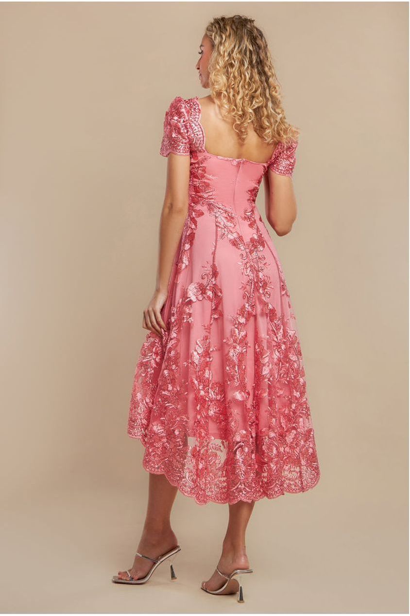 Scalloped Neck Embroidered Lace High Low Midi Dress - Coral by Goddiva