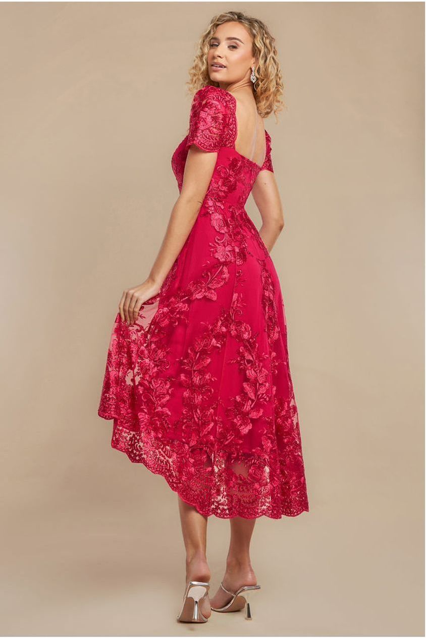 Scalloped Neck Embroidered Lace High Low Midi Dress - Magenta by Goddiva