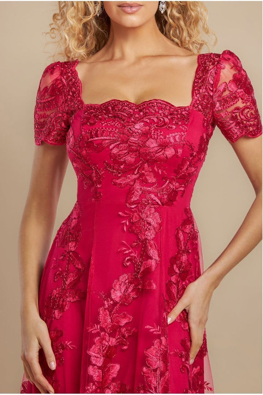Scalloped Neck Embroidered Lace High Low Midi Dress - Magenta by Goddiva
