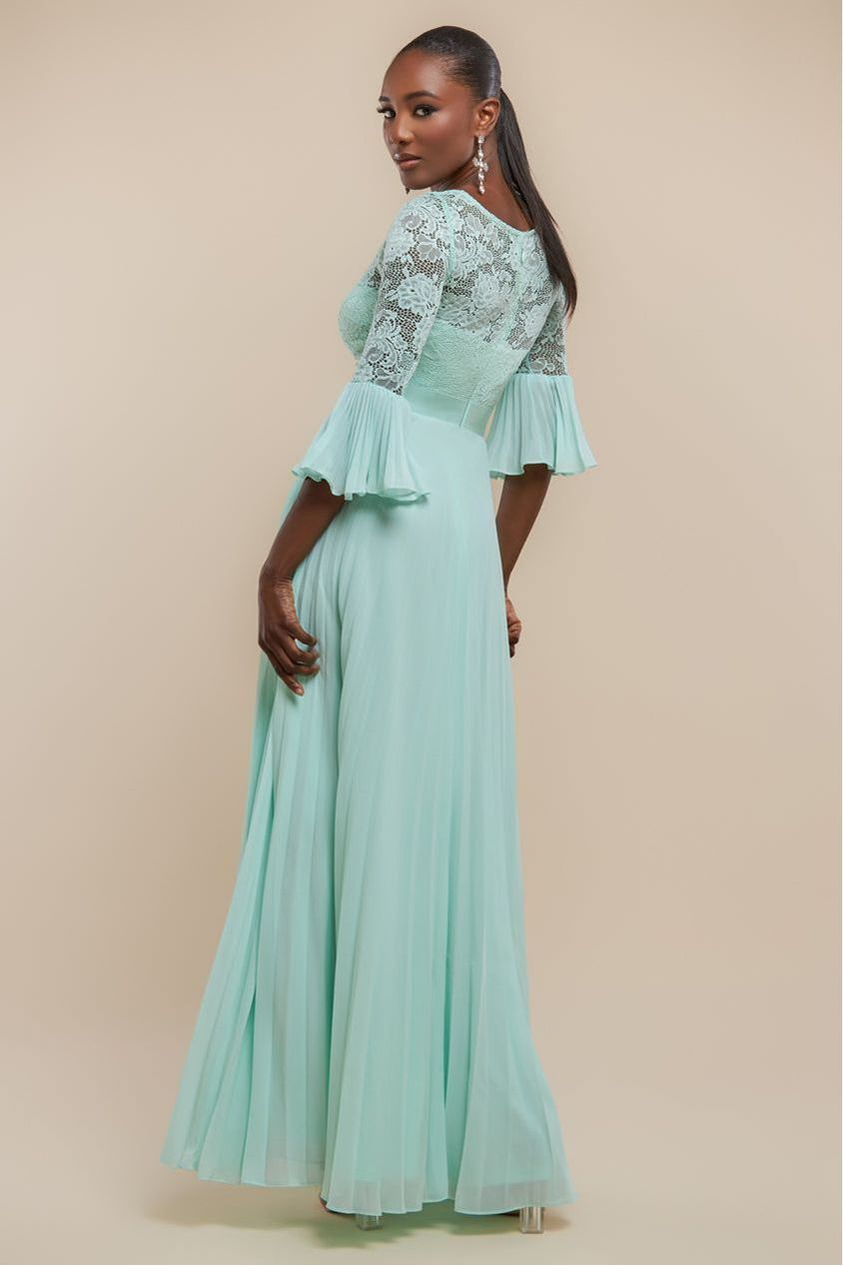 Scalloped Lace Bodice Pleated Chiffon A Line Maxi Dress - Mint Green by Goddiva