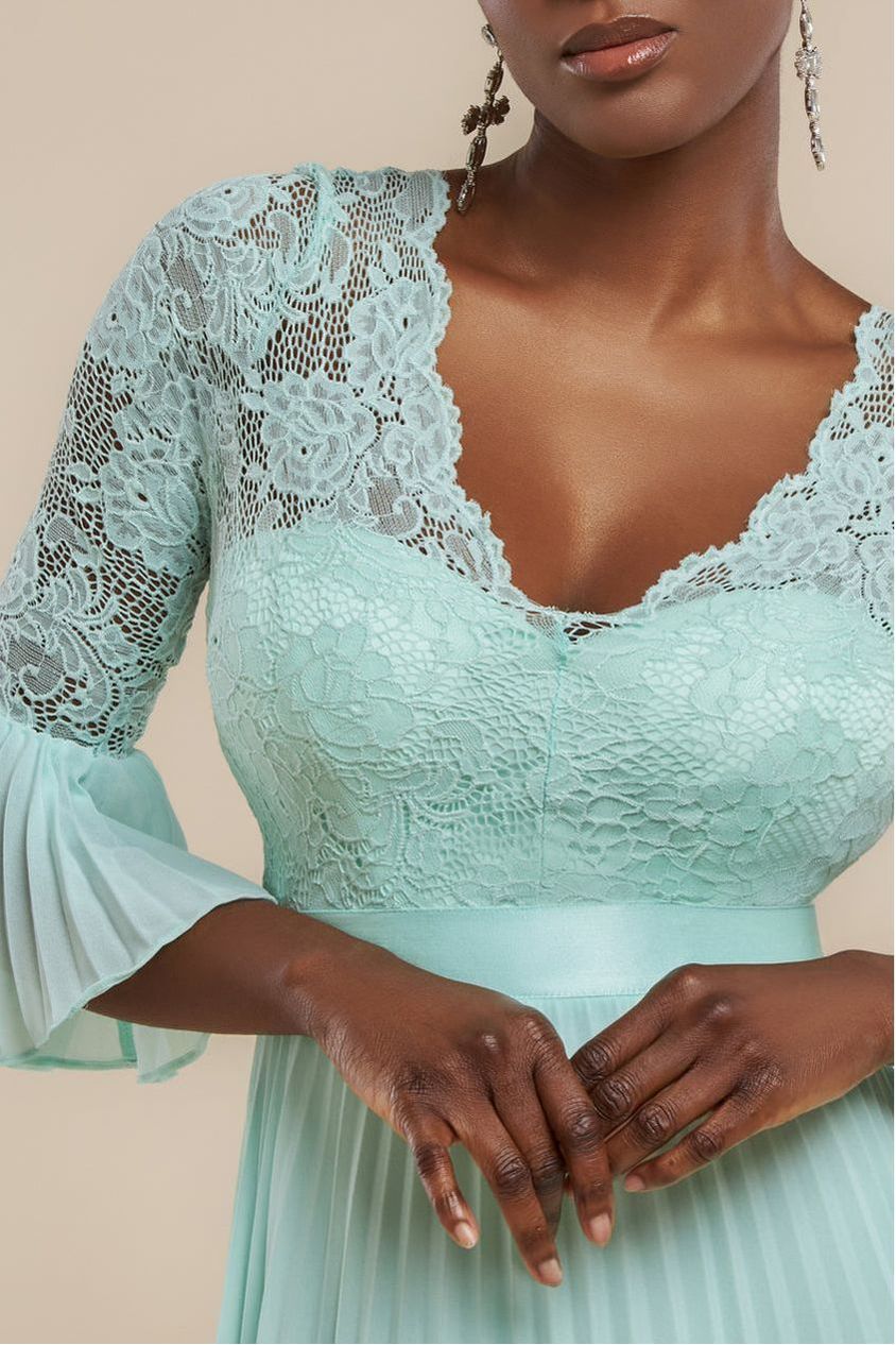 Scalloped Lace Bodice Pleated Chiffon A Line Maxi Dress - Mint Green by Goddiva