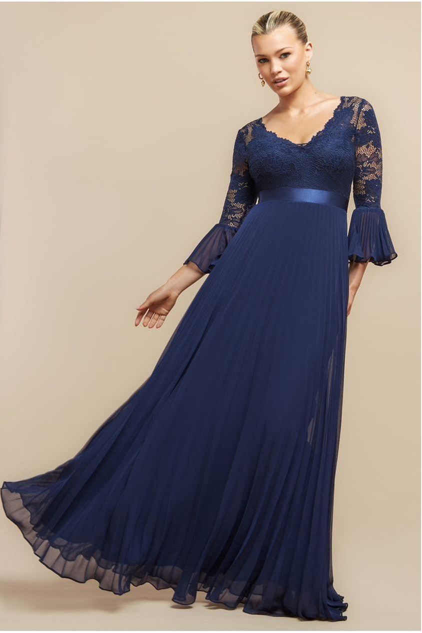 Scalloped Lace Bodice Pleated Chiffon A Line Maxi Dress - Navy Blue by Goddiva