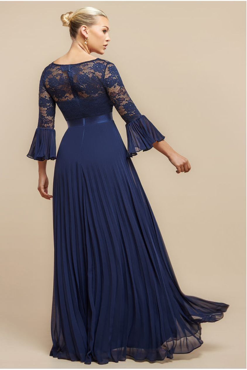 Scalloped Lace Bodice Pleated Chiffon A Line Maxi Dress - Navy Blue by Goddiva
