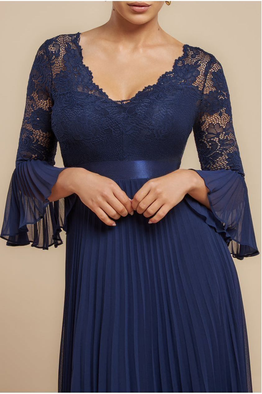 Scalloped Lace Bodice Pleated Chiffon A Line Maxi Dress - Navy Blue by Goddiva