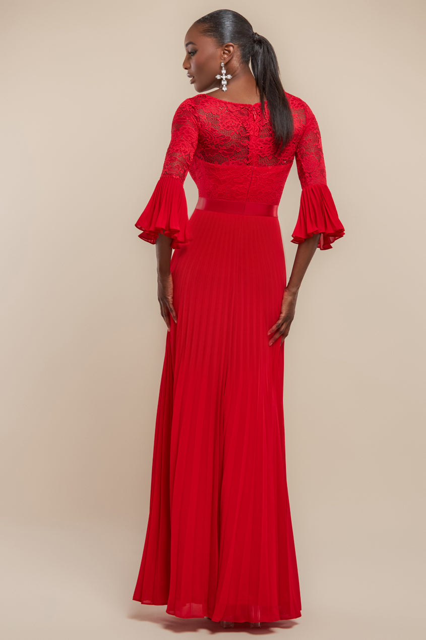Scalloped Lace Bodice Pleated Chiffon A Line Maxi Dress - Red by Goddiva