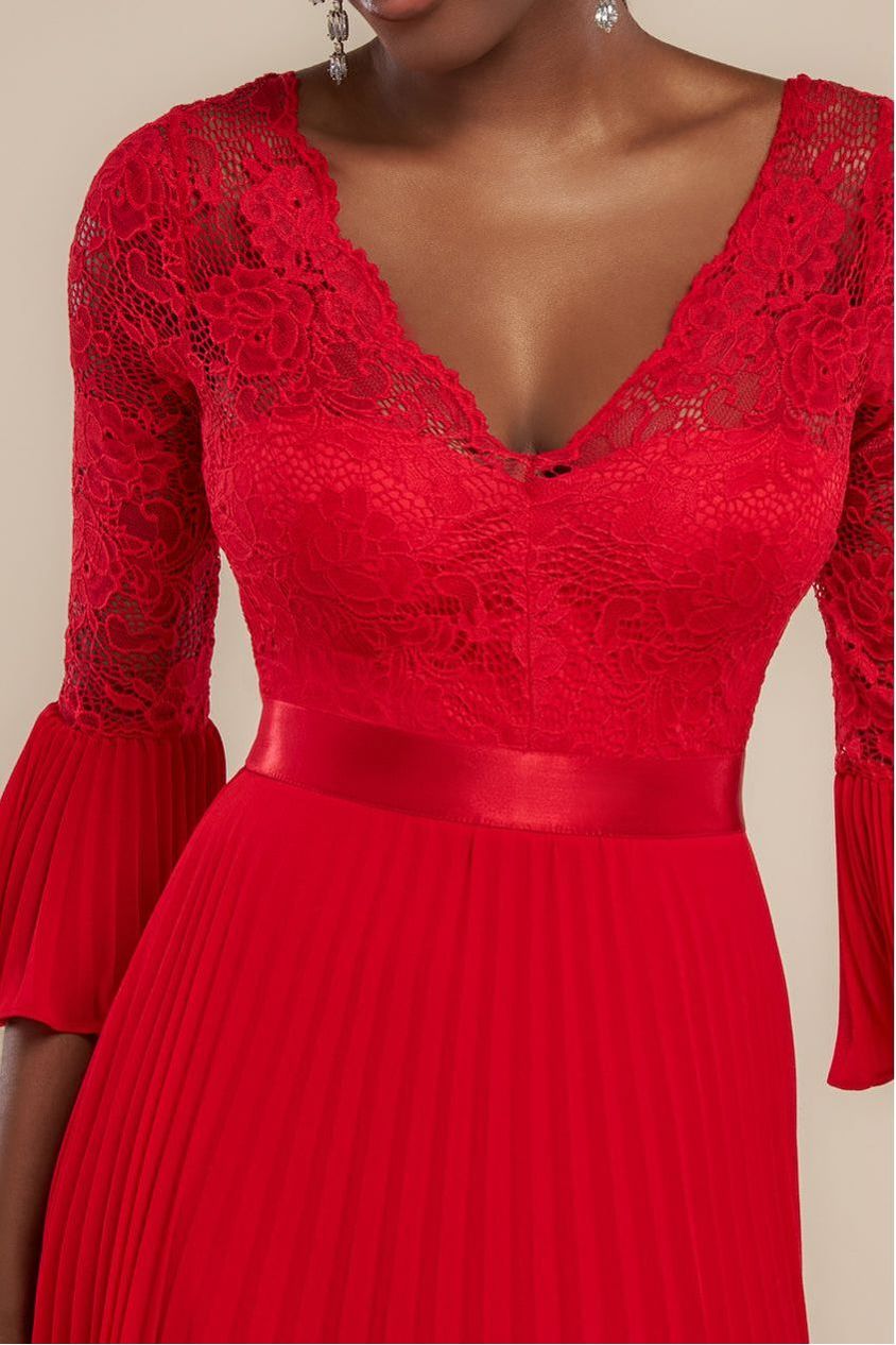 Scalloped Lace Bodice Pleated Chiffon A Line Maxi Dress - Red by Goddiva