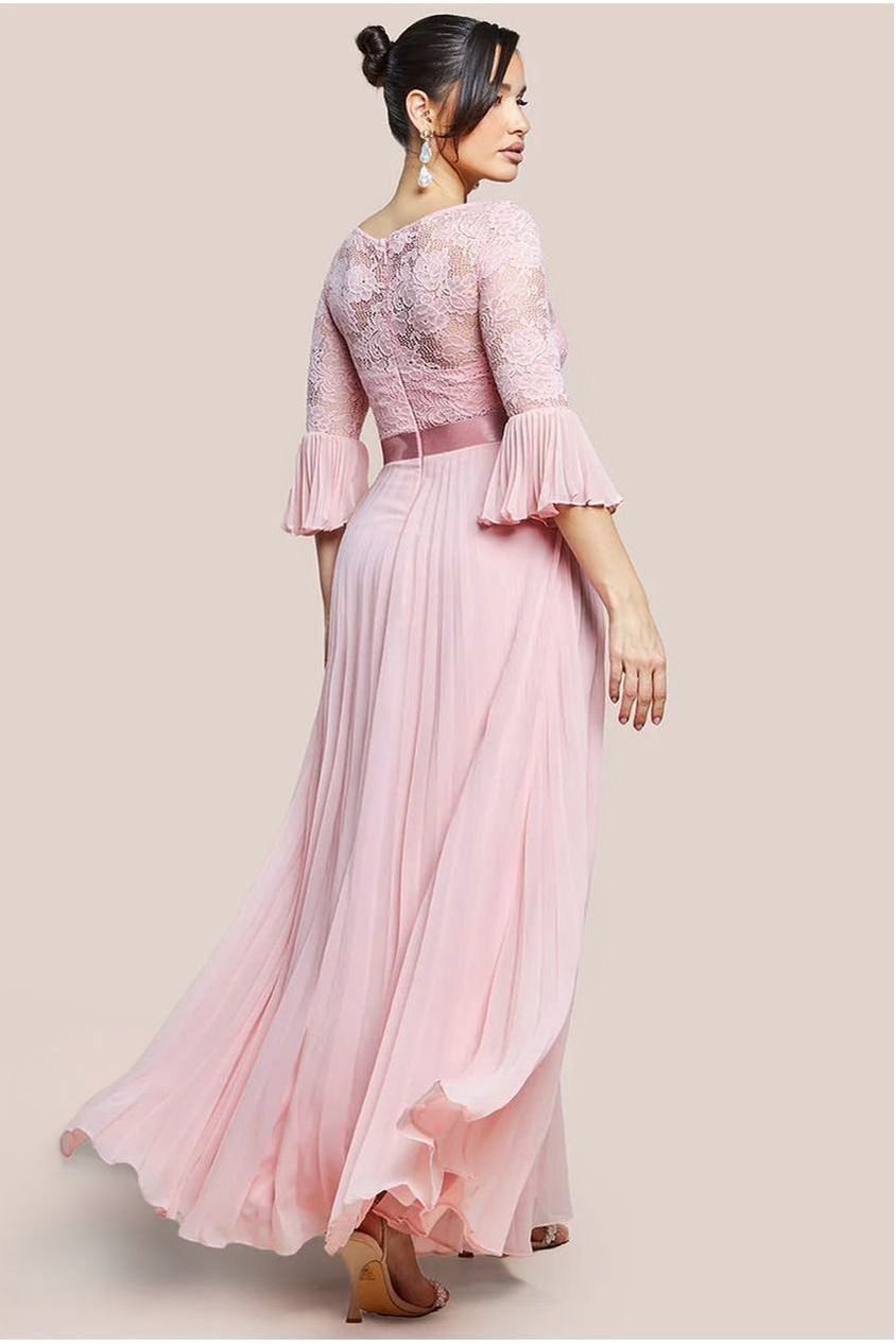 Scalloped Lace Bodice Pleated Chiffon A Line Maxi Dress - Blush Pink by Goddiva
