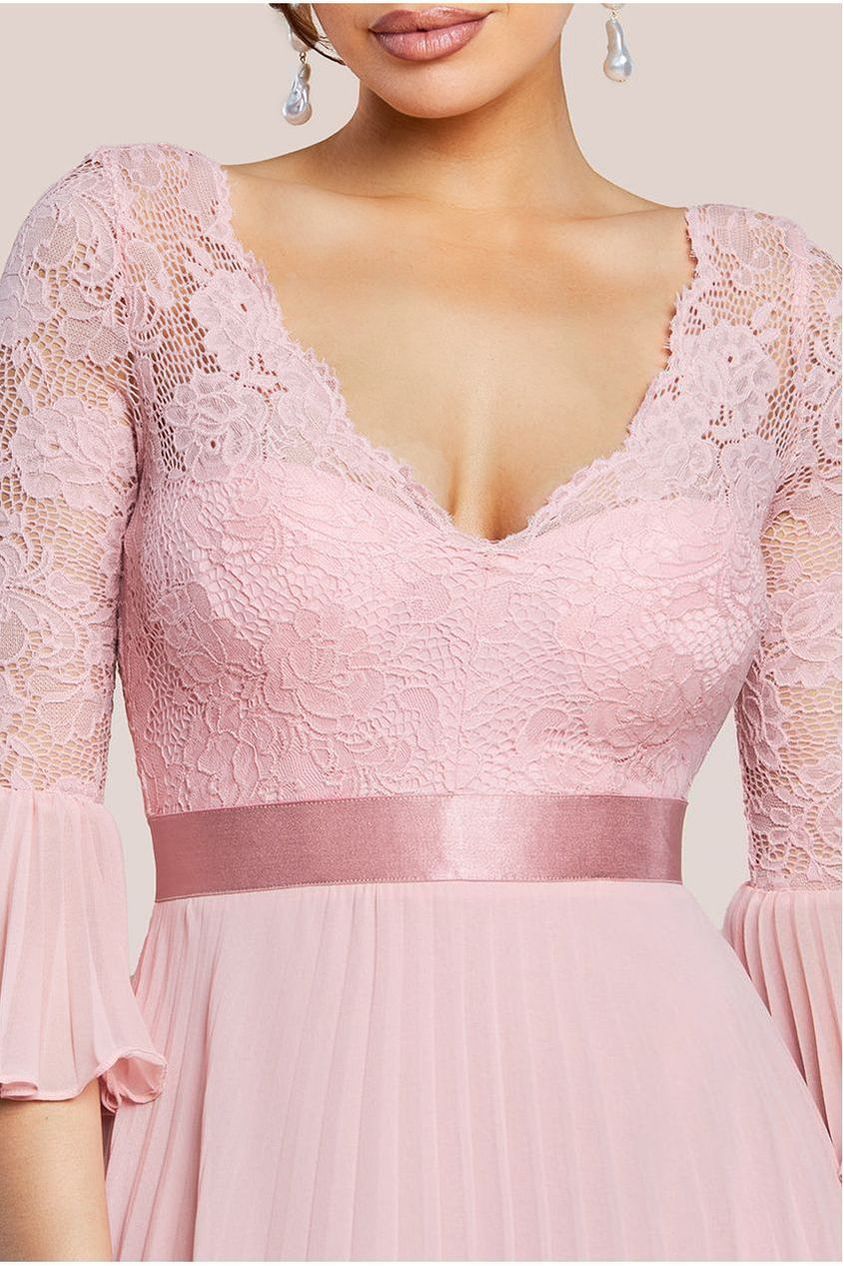 Scalloped Lace Bodice Pleated Chiffon A Line Maxi Dress - Blush Pink by Goddiva