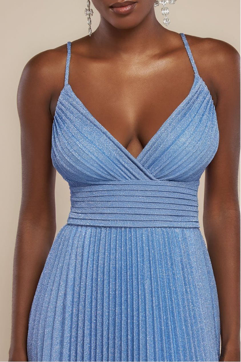 Sleeveless Pleated A Line Lurex Maxi Dress - Blue by Goddiva