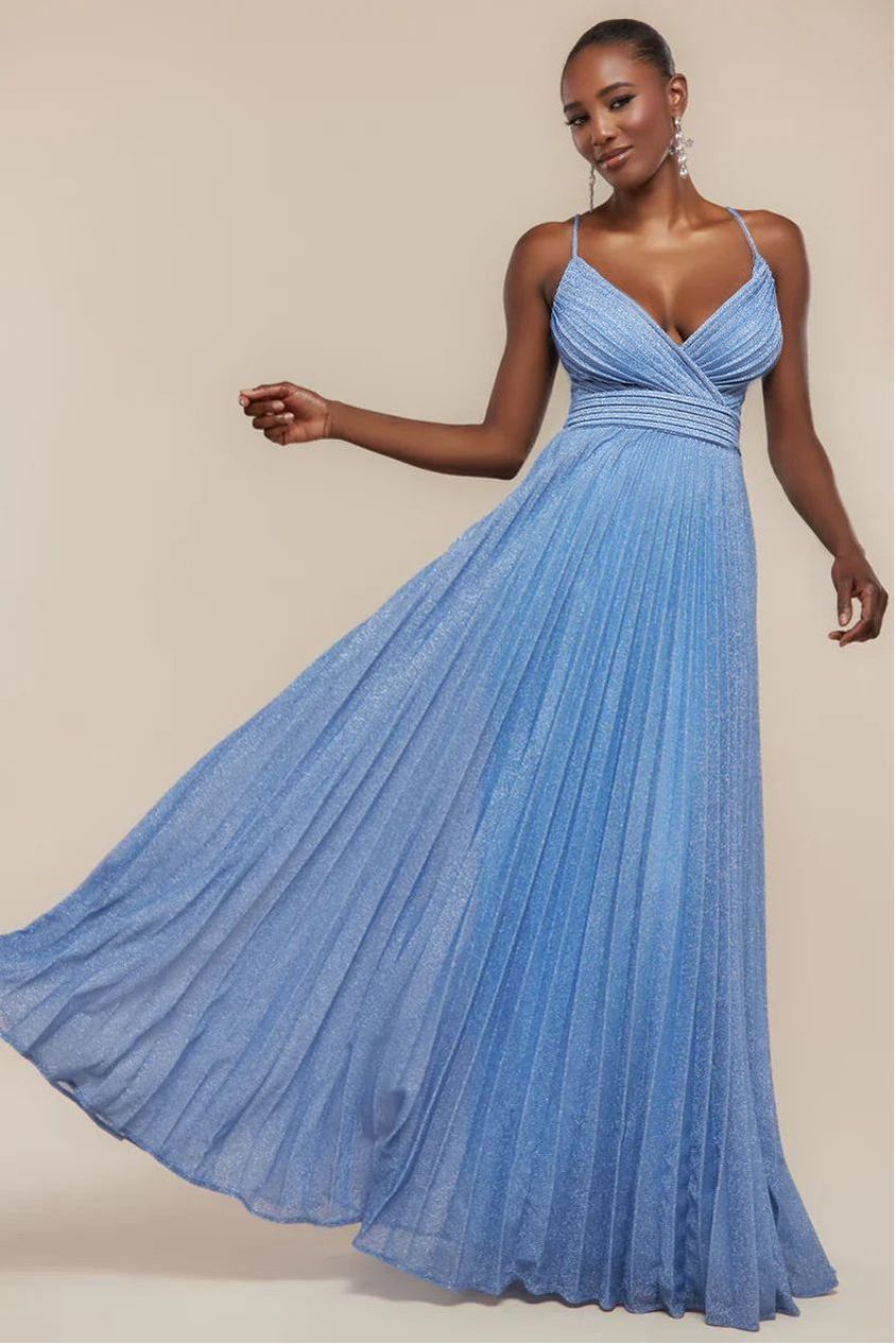 Sleeveless Pleated A Line Lurex Maxi Dress - Blue by Goddiva