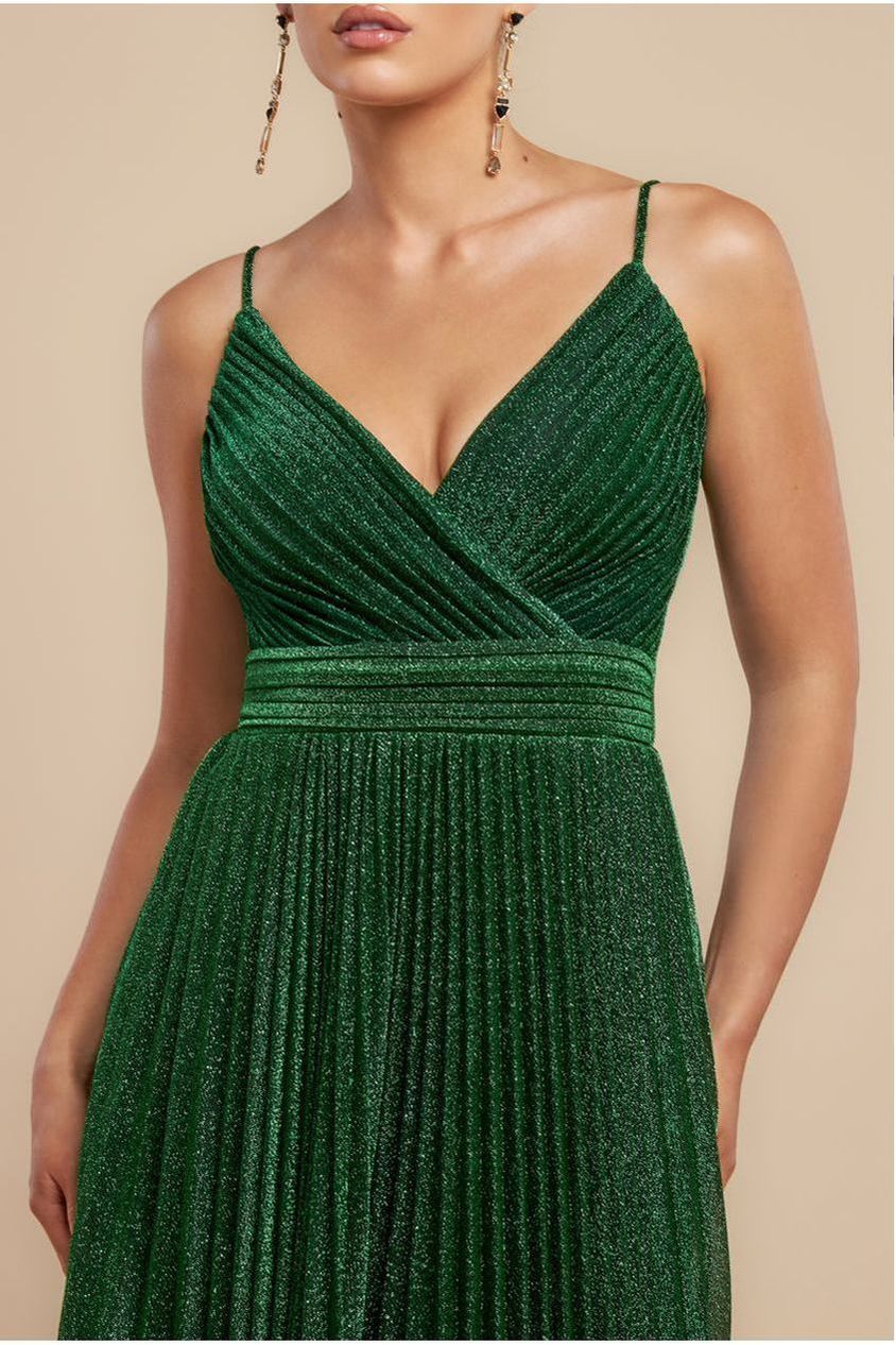 Sleeveless Pleated A Line Lurex Maxi Dress - Emerald Green by Goddiva