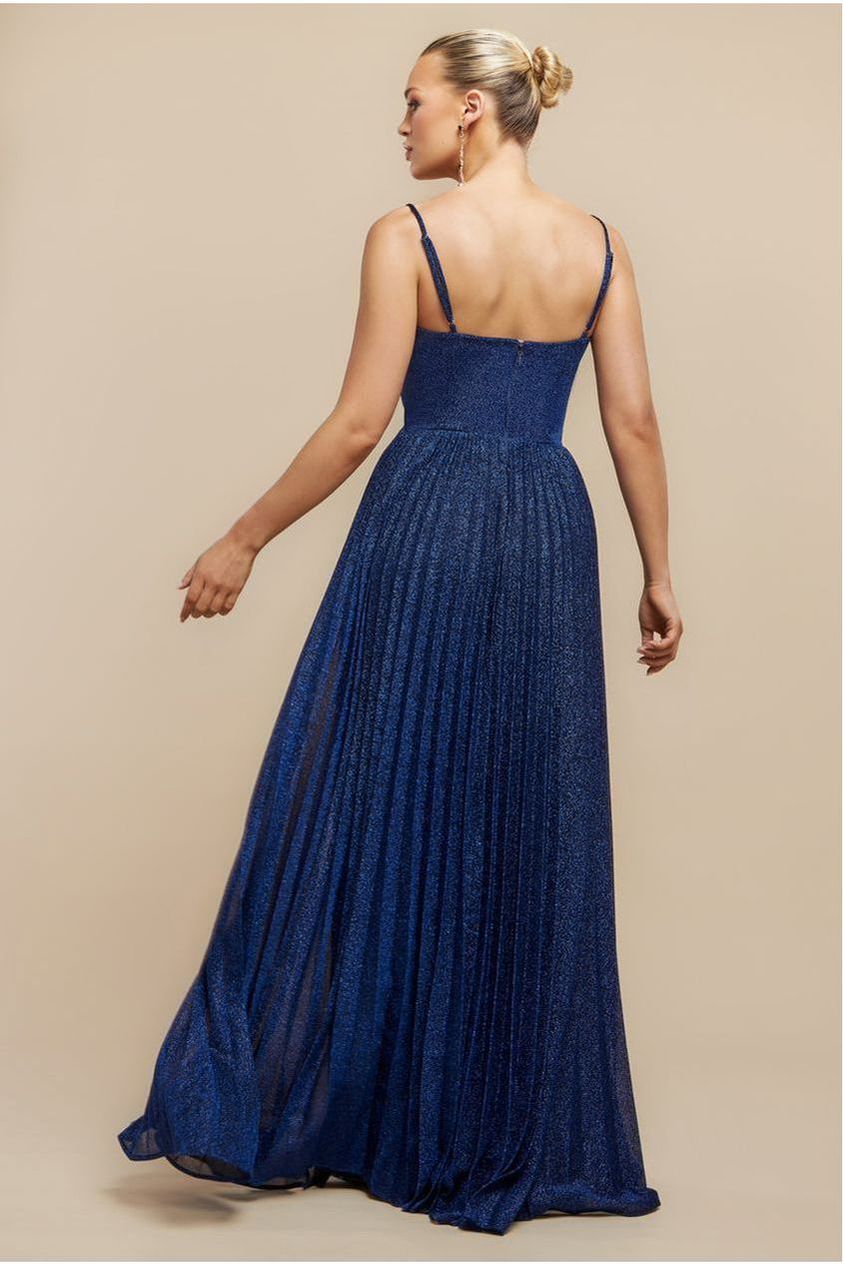 Sleeveless Pleated A Line Lurex Maxi Dress - Navy Blue by Goddiva