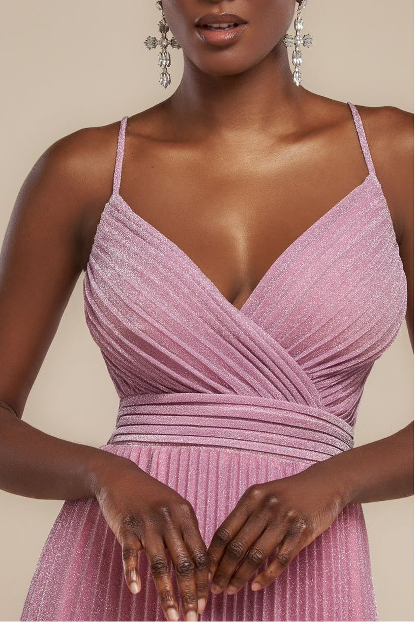 Sleeveless Pleated A Line Lurex Maxi Dress - Pink by Goddiva