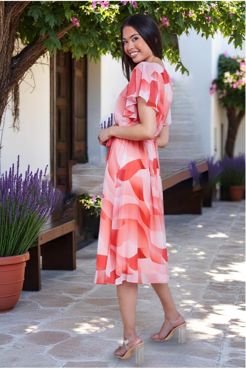 Printed Flutter Sleeve Chiffon Midi Dress - Coral by Goddiva