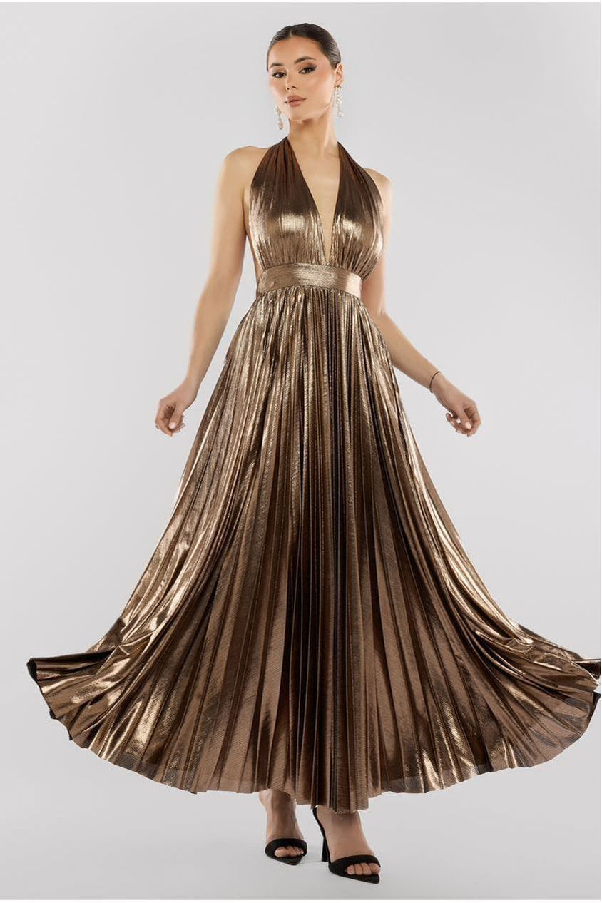 Sunrise Foil Halterneck A-Line Maxi Dress - Bronze by Goddiva