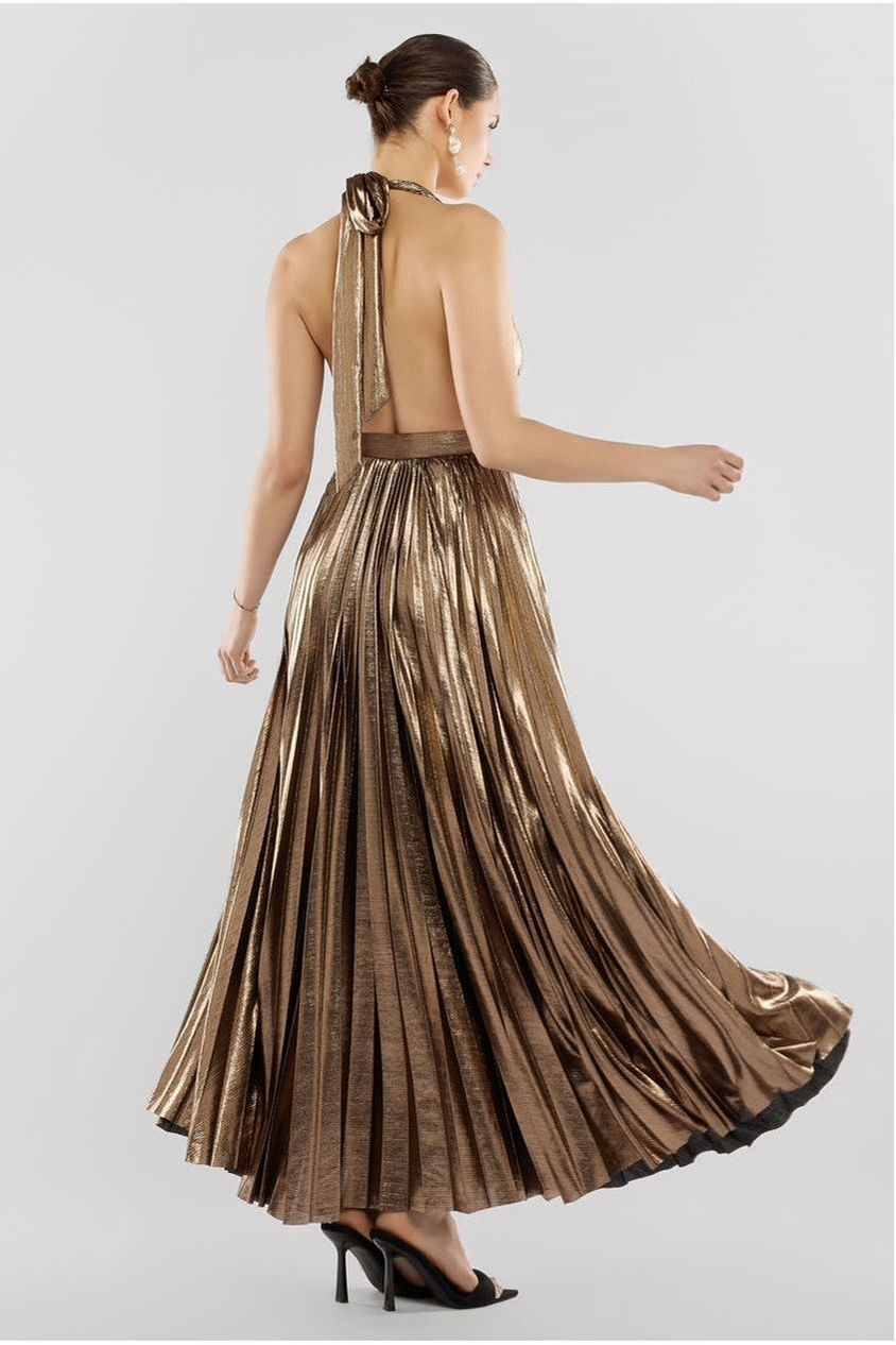 Sunrise Foil Halterneck A-Line Maxi Dress - Bronze by Goddiva