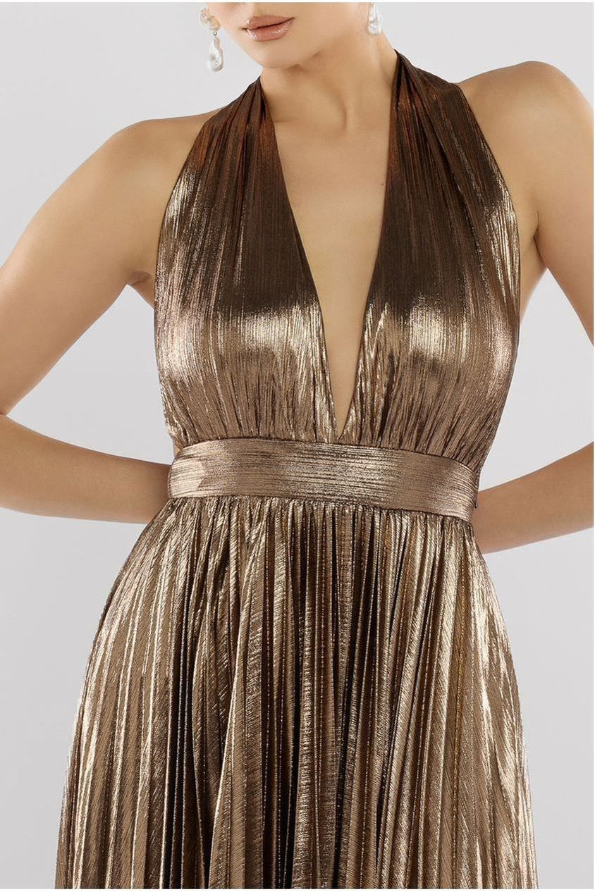 Sunrise Foil Halterneck A-Line Maxi Dress - Bronze by Goddiva