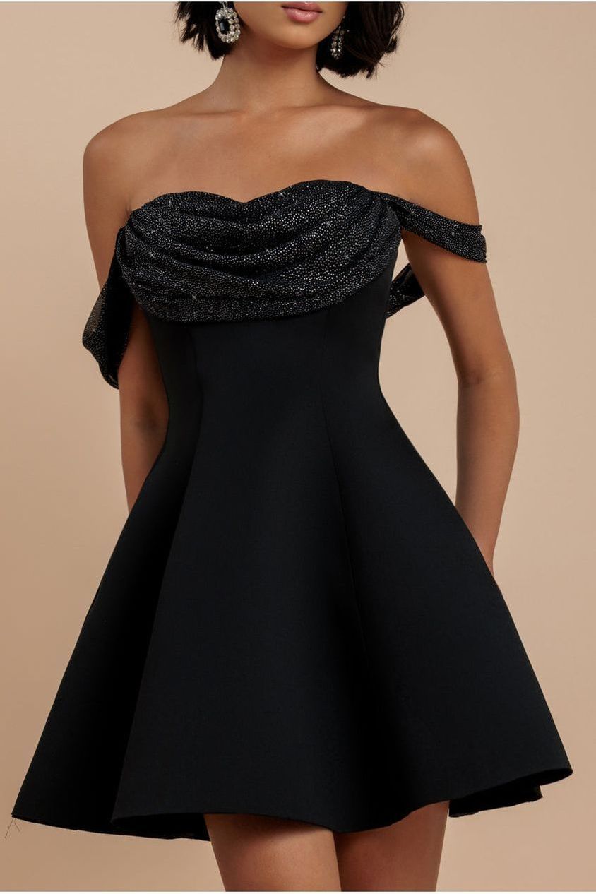 Sparkle Chiffon Cowl Bardot Skater Mini Dress - Black by Goddiva