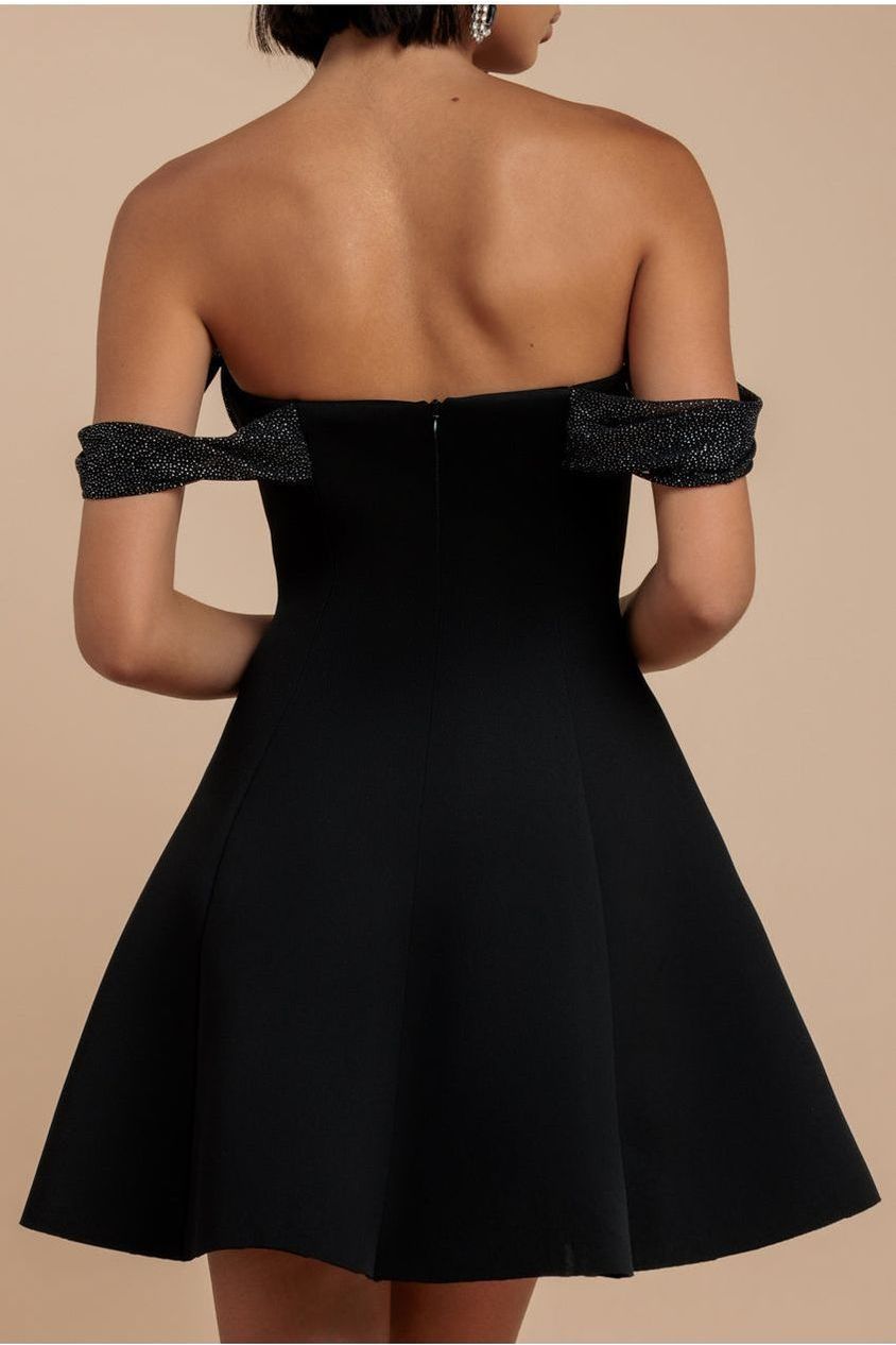 Sparkle Chiffon Cowl Bardot Skater Mini Dress - Black by Goddiva