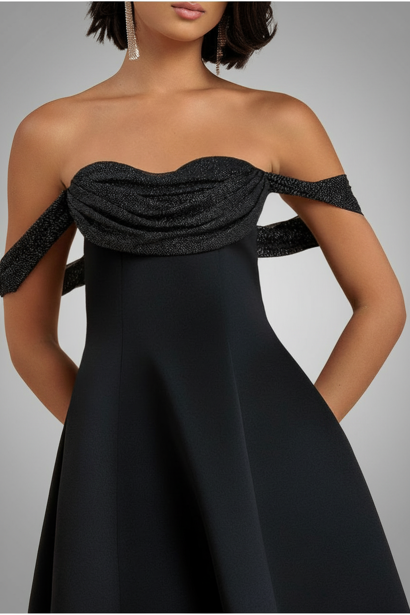 Sparkle Chiffon Cowl Bardot Skater Midi Dress - Black by Goddiva