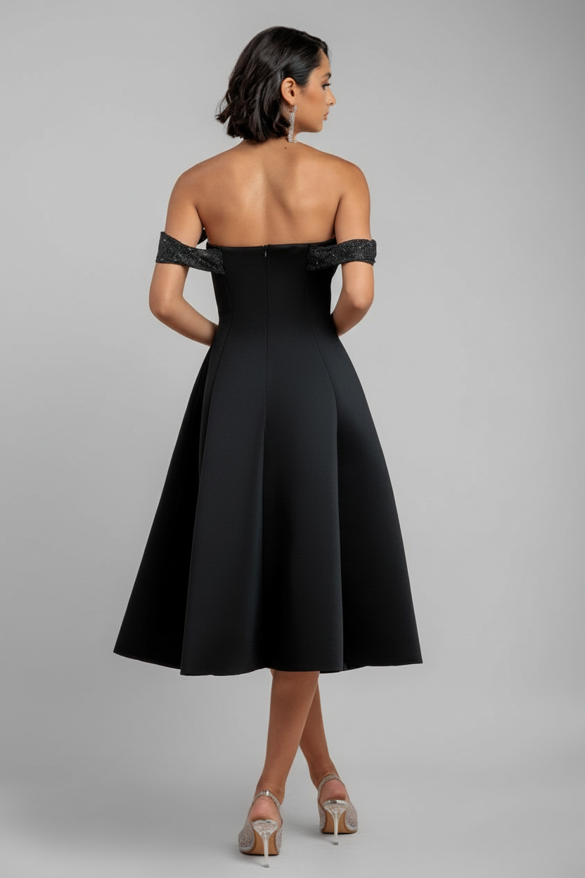 Sparkle Chiffon Cowl Bardot Skater Midi Dress - Black by Goddiva