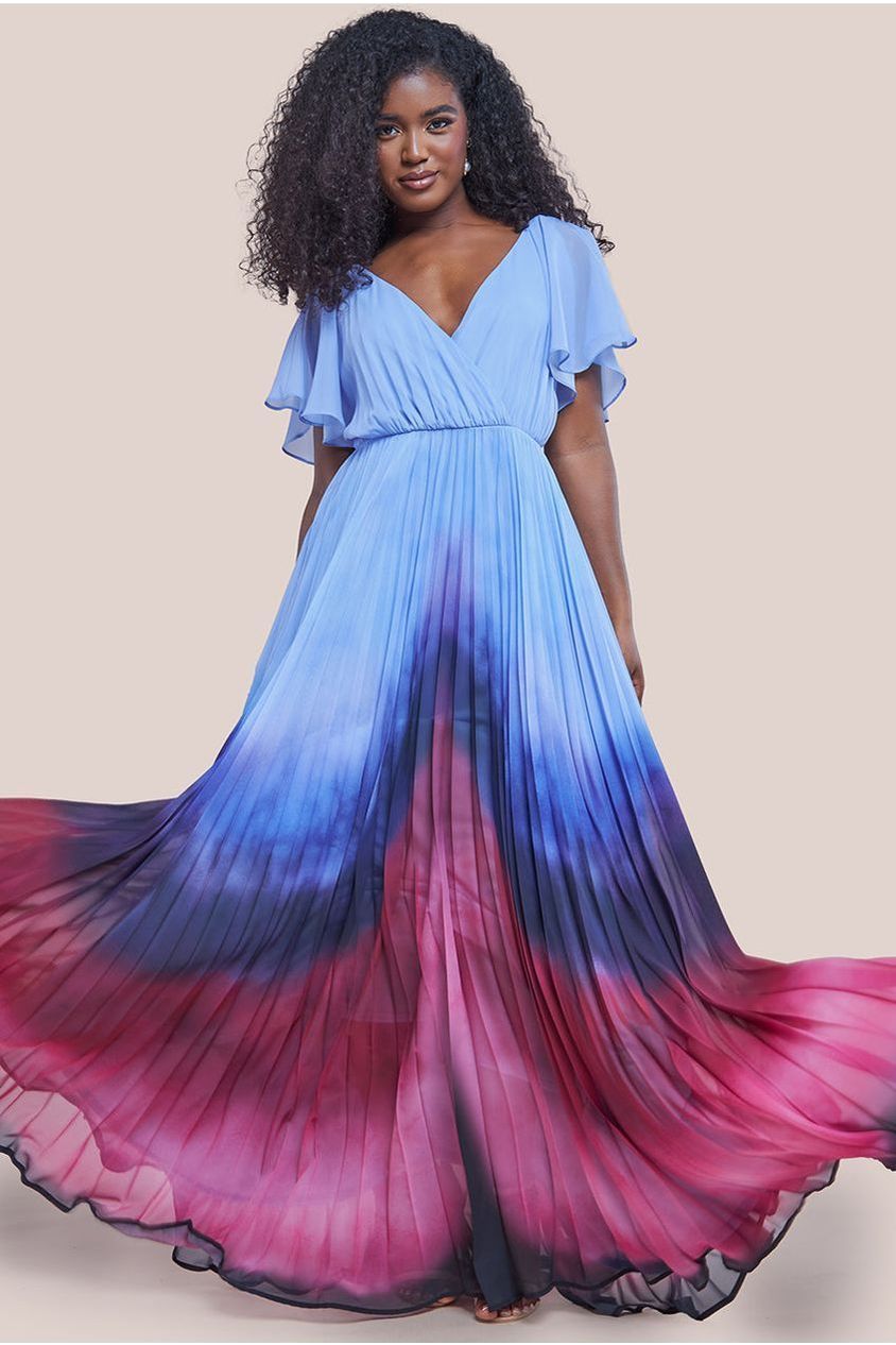 Wavy Ombre A-Line Chiffon Maxi Dress - Blue by Goddiva