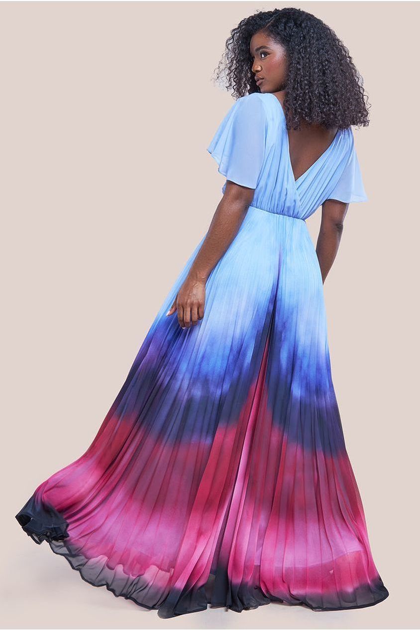 Wavy Ombre A-Line Chiffon Maxi Dress - Blue by Goddiva