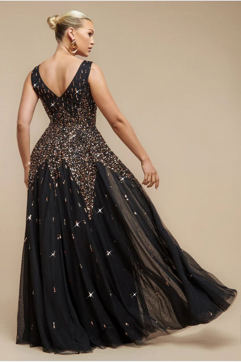 Sunray Hand Embellished Sequin A-Line Sleeveless Maxi Dress - Black by Goddiva