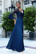 Scalloped Lace Bodice Pleated Chiffon A Line Maxi Dress - Navy Blue by Goddiva