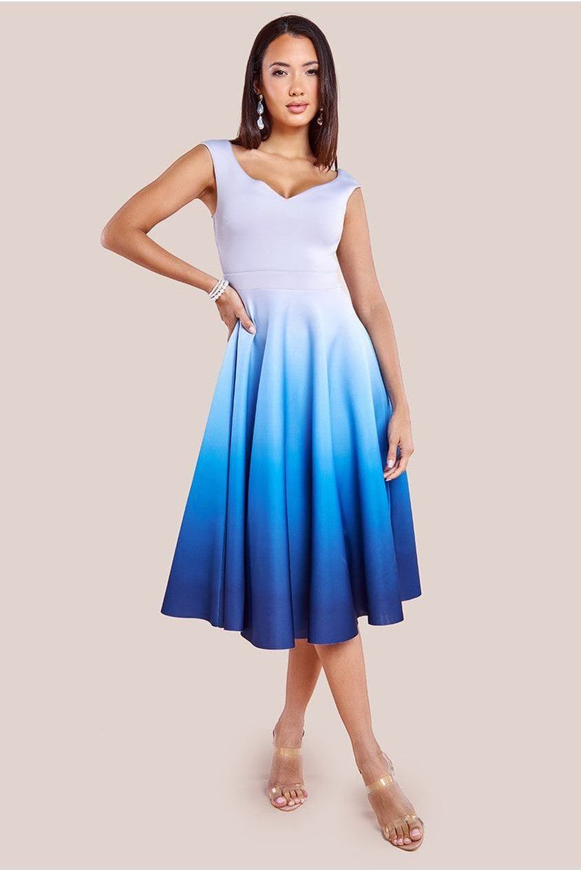 Ombre Scuba Foam Bardot A-Line Midi Dress - Light Blue by Goddiva