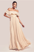 Pleated Chiffon Off Shoulder Maxi Dress - Beige by Goddiva