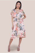 Floral Printed Flutter Sleeve Chiffon Midi Dress - Off White by Goddiva